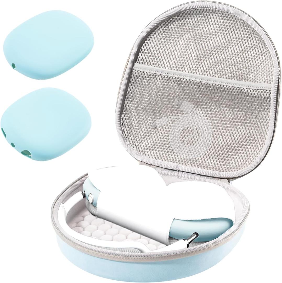 ProCase Hard Case for AirPods Max, Travel Carrying Headphone Case with Silicone Earpad Cover & Mesh Pocket, AirPods Max Protective Portable Storage Bag -Lightblue