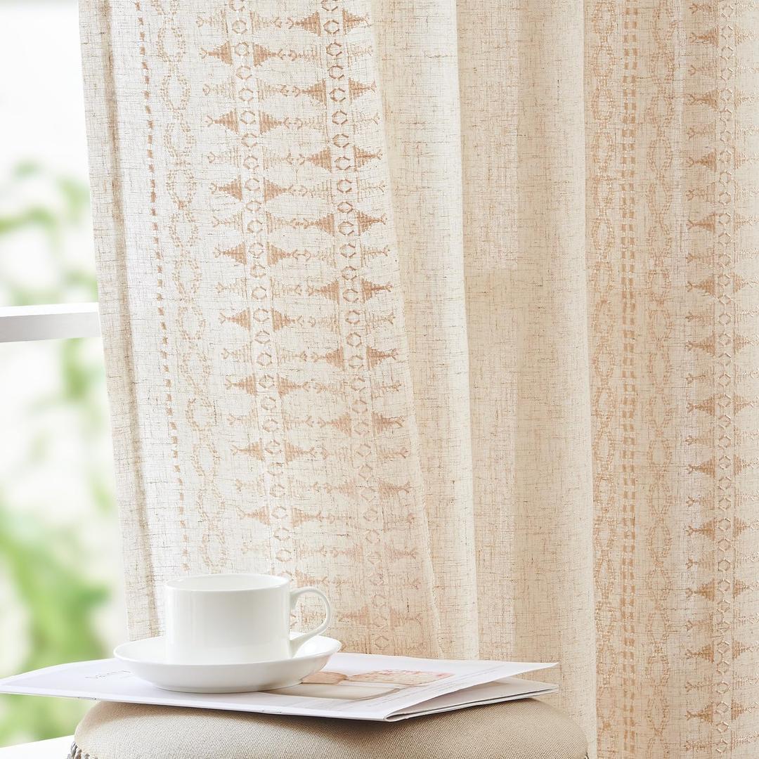 jinchan Boho Curtains for Bedroom Beige Linen Blend Extra Long Curtains for Living Room Embroidered Bordered Drapes 108 Inches Long 2 Panels Bohemian Light Filtering Grommet Ivory on Beige