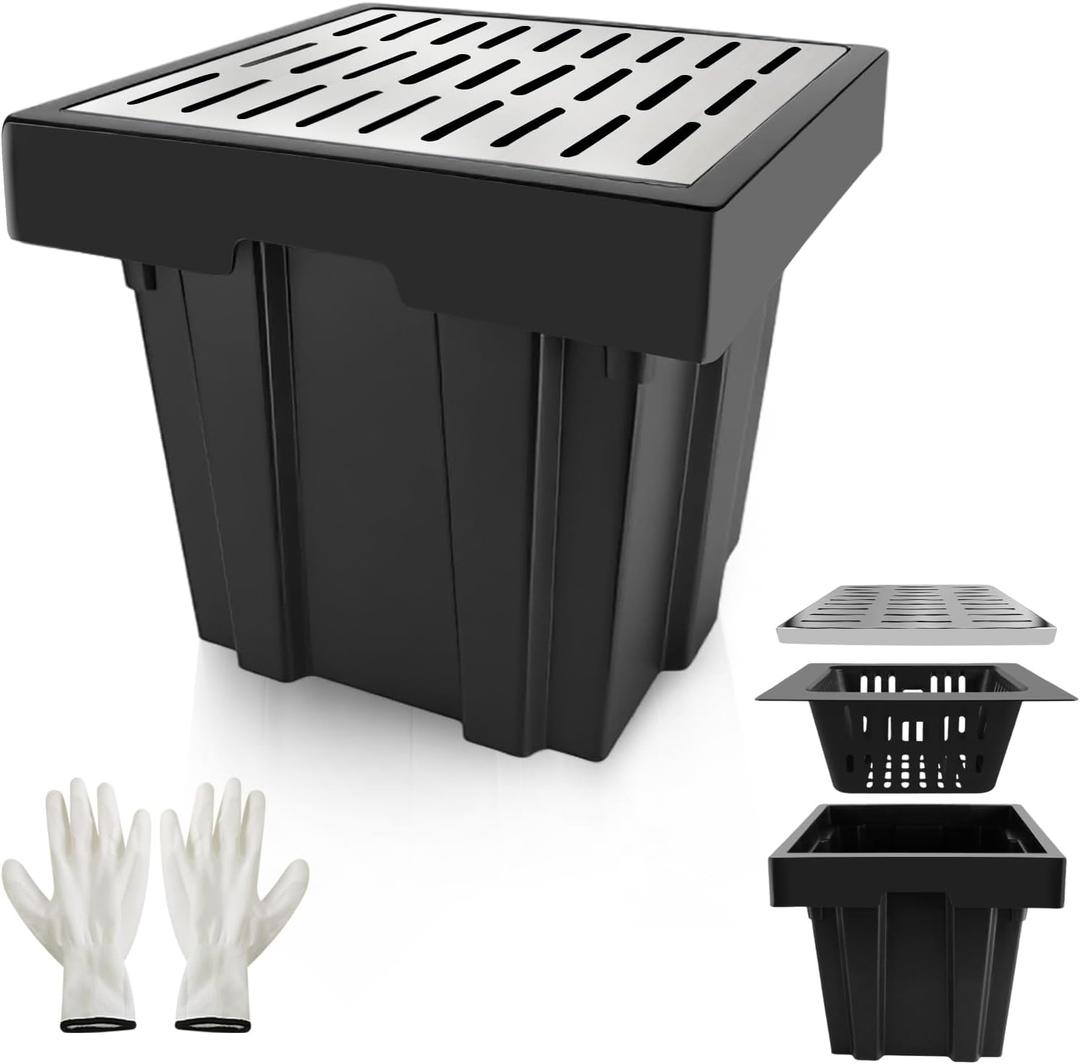 18x18x15 Inch Catch Basin with Stainless Steel Grate, Large Drainage Basin with Debris Basket, French Drain Basin Without Reserved Hole for Yard, Patio, Downspout, Commercial, Municipal Pipeline, Lawn