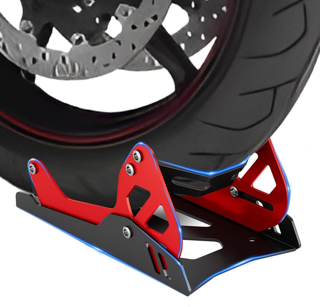 Heavy-Duty Steel Motorcycle Wheel Chock for Trailer Mount | Anti-Rust Black/Red Design | Universal Front Wheel Chock Stand for Dirt Bikes & Motorcycles | Compact & Portable (5.3H x 10.8L x 6.1W)