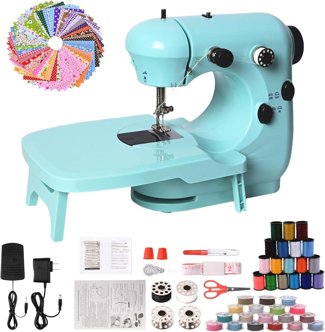 Sewing Machine for Beginners, Mini Sewing Machine for Kids & Adults with Large Extension Table, LED Light, 2 Speed Foot Pedal, DIY Home Sewing Kit with 127 Accessories(Cyan)