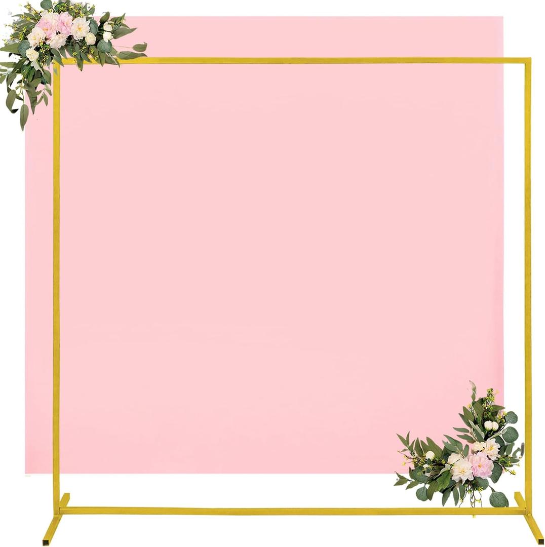 8FT Metal Arch Backdrop Stand and Cover Set, 1 Gold Wedding Square Balloon Stand with 1 Spandex Arch Backdrop Frame Cover for Parties Birthday Baby Shower Bridal Banquet Decoration (Pink) (8FTx8FT, Pink)