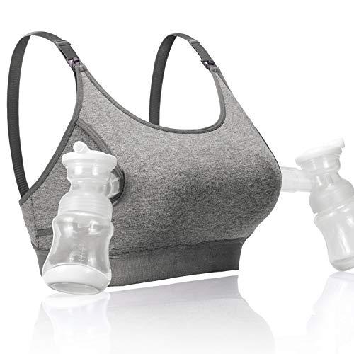 Momcozy Hands Free Pumping Bra, Adjustable Breast-Pumps Holding and Nursing Bra, Suitable for Breastfeeding-Pumps by Lansinoh, Philips Avent, Spectra, Evenflo and More (Grey, Large)
