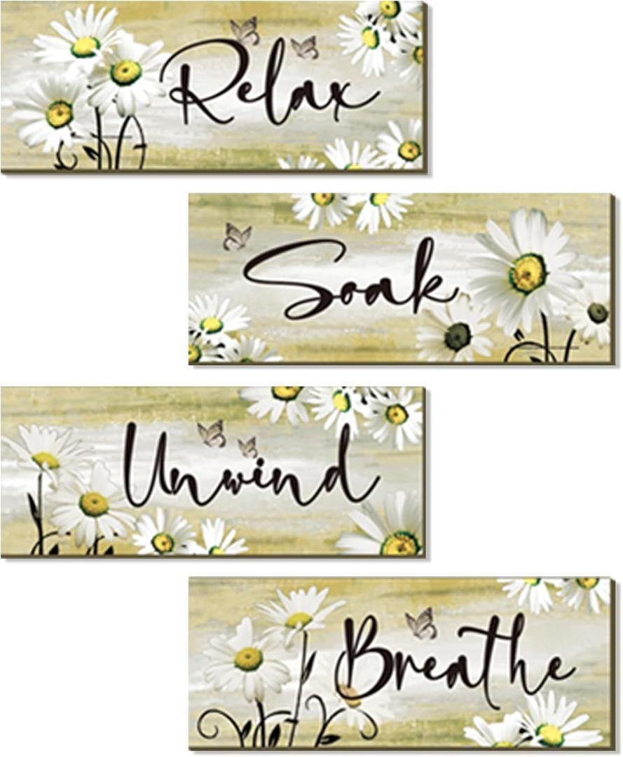 ZINYAZHE 4 Pieces Yellow Bathroom Decor Set Farmhouse Daisy Floral Abstract Yellow Bathroom Accessories Flowers Art Rustic Wood Sign for Home Bedroom Living Room Kitchen Decoration, 10 x 4 Inch