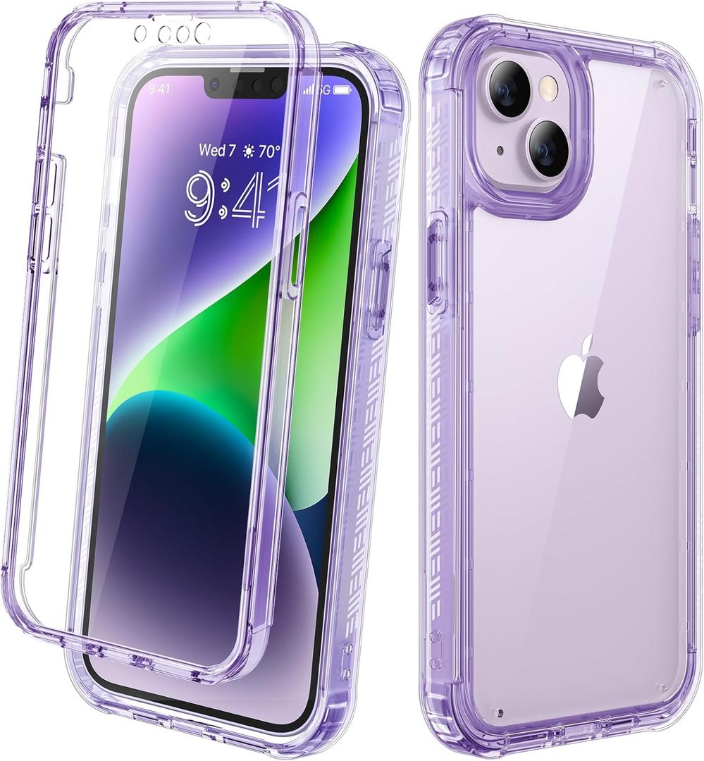 Diaclara Designed for iPhone 14 Case, Full Body Rugged Case with Built-in Touch Sensitive Anti-Scratch Screen Protector, with Camera Lens Protector (Clear Purple)