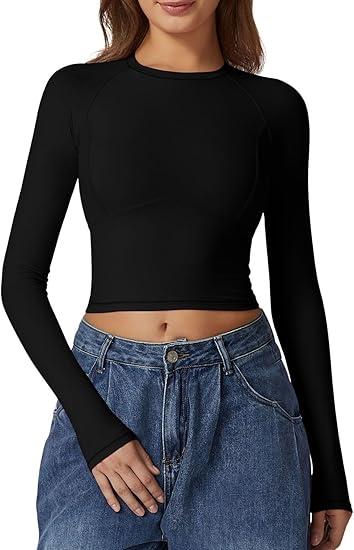 QINSEN Women's Crewneck Long Sleeve Shirts Double Lined Fitted Crop Top Seam Cup Going Out Tops, Size XS