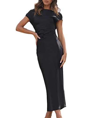 Gmeitoey 2025 Satin Cap Sleeve Cowl Back Summer Dresses for Women Elegant Ruched Waist Wedding Guest Midi Dress Black, Medium