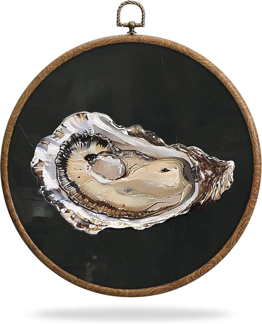 Oysters Round Frames for Art, Waterproof Vintage Oyster Boho Wall Hanging, Abstract Seashell Prints Kitchen Wall Art Decorations with Hook, for Home Bathroom Living Room Bedroom, 11