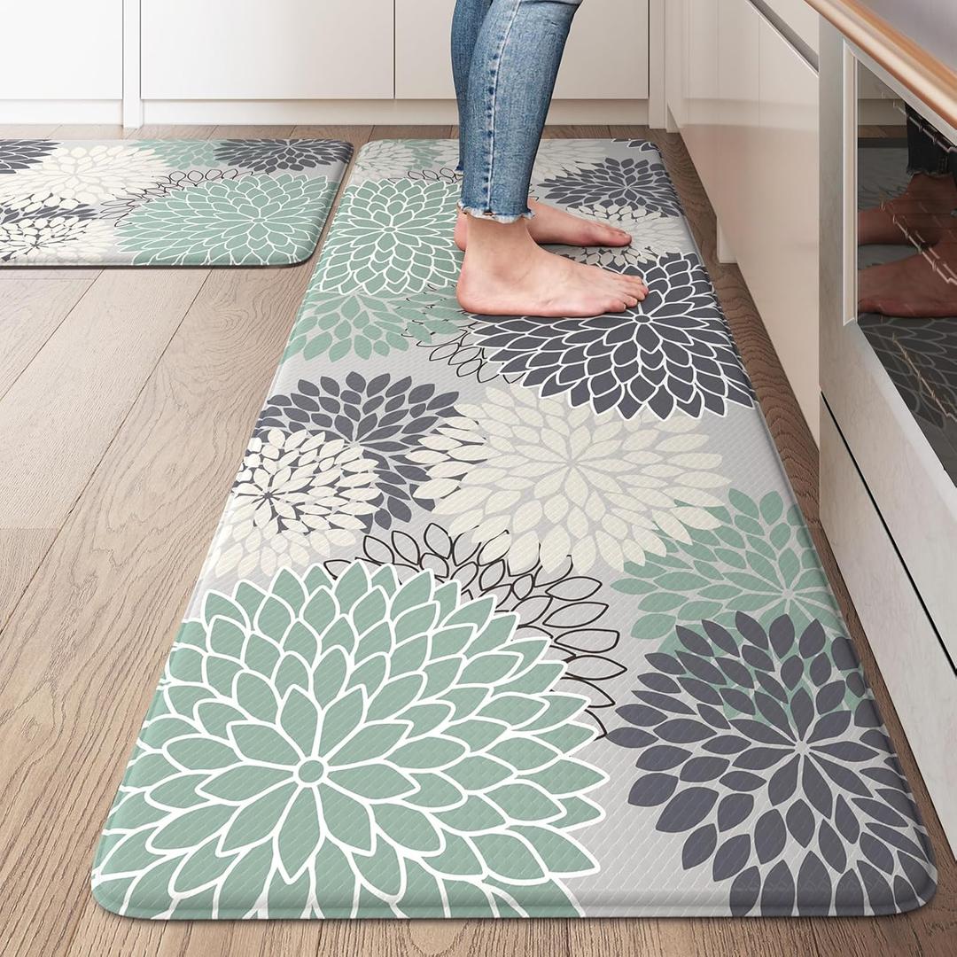 KIMODE Cushioned Anti Fatigue Rugs Sets of 2, Ergonomic Standing Kitchen Mat 2PCS, Boho Kitchen Mats for Floor Stain Resistant, Non Slip Kitchen Sink Rug Waterproof, 20"x32"+20"x47", Teal (Bluish Blue)
