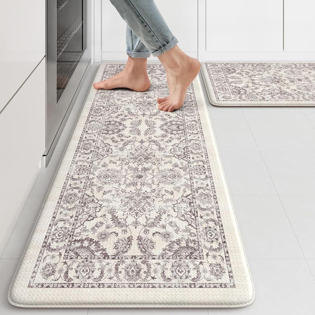 KIMODE Comfort Kitchen Floor Mats Cushioned Anti Fatigue,Boho Vintage Floral Kitchen Rugs Sets of 2,Ergonomic Memory Foam Carpet Non Slip for Sink Laundry Office,Purple Grey 17"x29.5"+17" x47