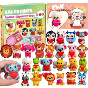 24Pcs Valentines Animal Squishy Toys, Valentines Day Gifts with Cards, Kids Party Favors, Galentines School Gift Exchange, Classroom Prizes, Candy Bag Stuffers
