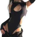 Women Sexy Cut Out Mock Neck Bodysuit Slim Fit Sleeveless Leotard Jumpsuits Top with arm sleeves Club Outfits (Medium, Black)