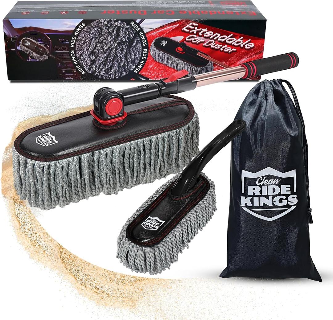 Car Duster Exterior Scratch Free with Extendable Handle, Microfiber Car Cleaning Brush for Dust Removal + Small Detailing Brush for Interior Care (Grey5)