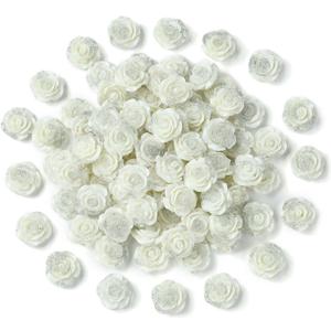 LiQunSweet 100 Pcs Opaque Resin Cabochons White Rose Flower Nohole Beads Charms with Glitter Powder for DIY Crafts Valentine Christmas Birthday Gifts