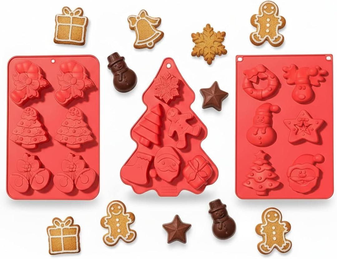 3 Pack Christmas Silicone Molds, Chocolate Cookie Molds Silicone molds with Christmas tree and Santa Claus shapes for making mini cakes, cookies, handmade soaps, chocolates, jellies, and more.