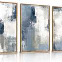 LHIUEM Large Abstract Brush Strokes Framed Canvas Wall Art Set,Navy Blue and Gray Wall Decor,Modern Color Block Shape Artwork,Minimalist Neutral Blue Printing for Living Room,Bedroom, Office-16''x24''x3