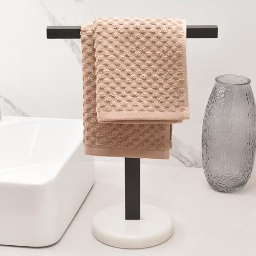 Tall & Heavy Duty Hand Towel Holder Stand – Free Standing Hand Towel Rack with Weighted Natural White Marble Base, Ideal for Large Bathroom Kitchen Countertop (16" High, 3lbs)