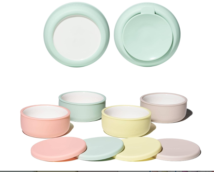 Pandaloo Porcelain Kids Bowls with Removable Silicone Sleeve & Lid – Strong Suction Base, Microwave & Dishwasher Safe, ToddlerProof, NonSlip Ceramic Feeding Bowls for Babies & Toddlers (Set of 4)
