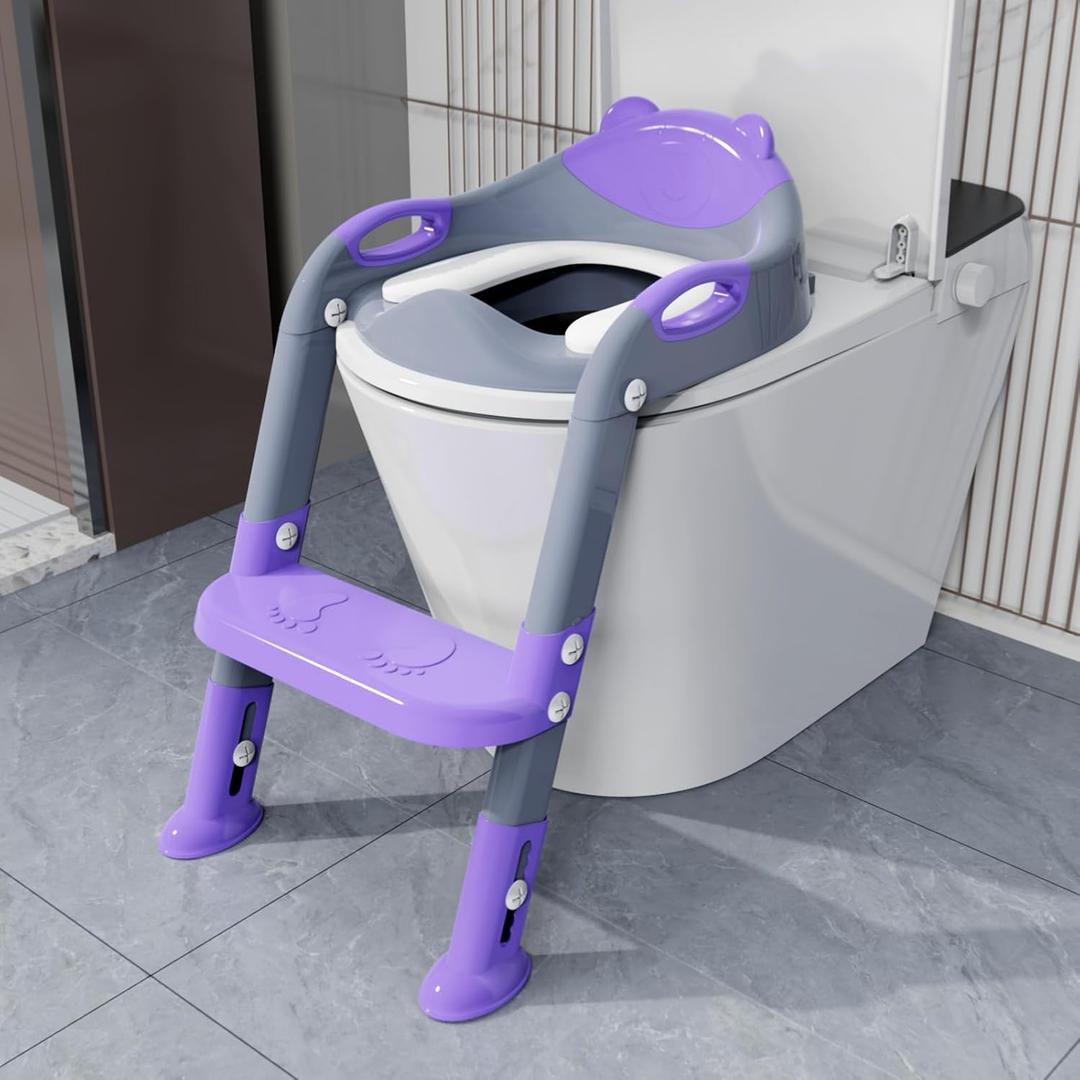 Potty Training Seat with Step Stool Ladder, SKYROKU Potty Training Toilet for Kids Boys Girls Toddlers - Comfortable Safe Potty Seat with Anti-Slip Pads Ladder Grey Purple (8838-grey purple)