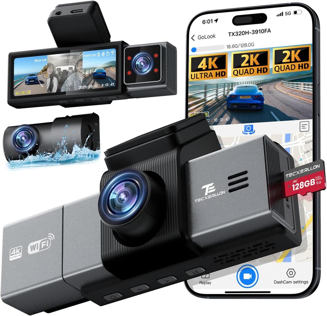 Dash Cam, 4K 3 Channel Dash Camera for Cars with App Control, 170/150/140 Wide Angle, ADAS Assist, No-Light Night Vision, GPS, G-Sensor, WDR, 24H Parking Monitor, 128GB SD Card Included