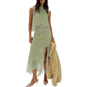 Women Satin 2 Piece Maxi Skirt Set Lace Trim Backless Tank Top Silk Slip Long Skirt Asymmetrical Outfits, Small