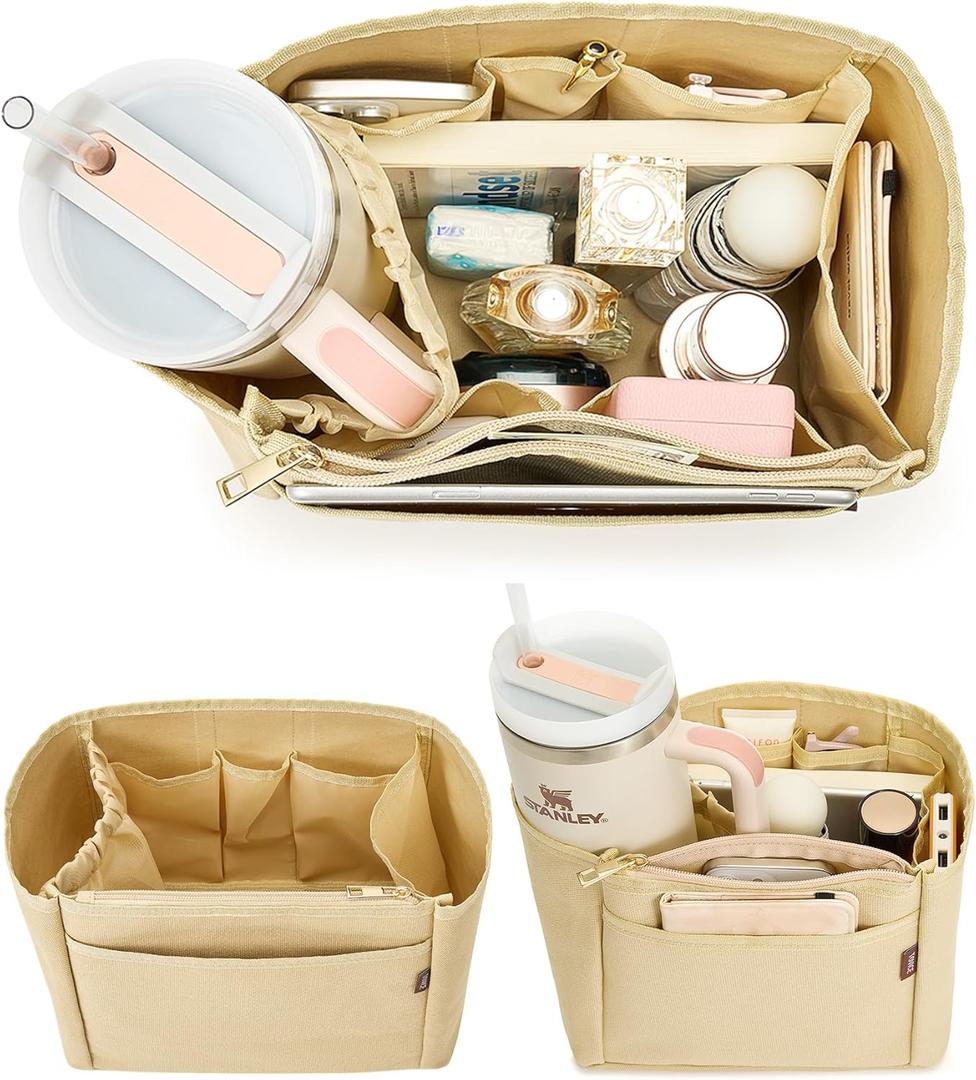 Tote Bag Organizer Insert with Stanley Cup Holder and Zipper Bag, Compatible with Never full, Saint Louis and More, 9 Pockets (Beige, Medium)