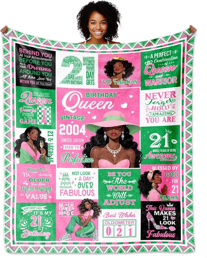 African Americans 21st Birthday Gifts for Her, 21 Year Old Birthday Gifts for Her Blanket 60"X 50", Pink Green 21st Birthday Gift for Women, Gift for 21 Old Year Black Sister Daughter Female