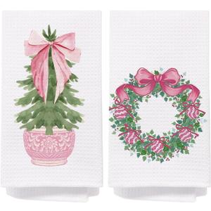 Chinoiserie Christmas Kitchen Towels, Pink Bow Coquette Christmas Tree Dish Towels for Kitchen Bathroom, Pink Christmas Hand Towels for Bathroom Kitchen, Grandmillennial Decor,16x24 Inches Set of 2