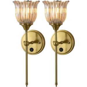 Modern Wall Sconces Set of 2 with Amber Flower Glass Shade, Mid Century Bathroom Vanity Wall Light Fixtures Gold Vintage Wall Lights with Switch for Mirror Bedroom Living Room