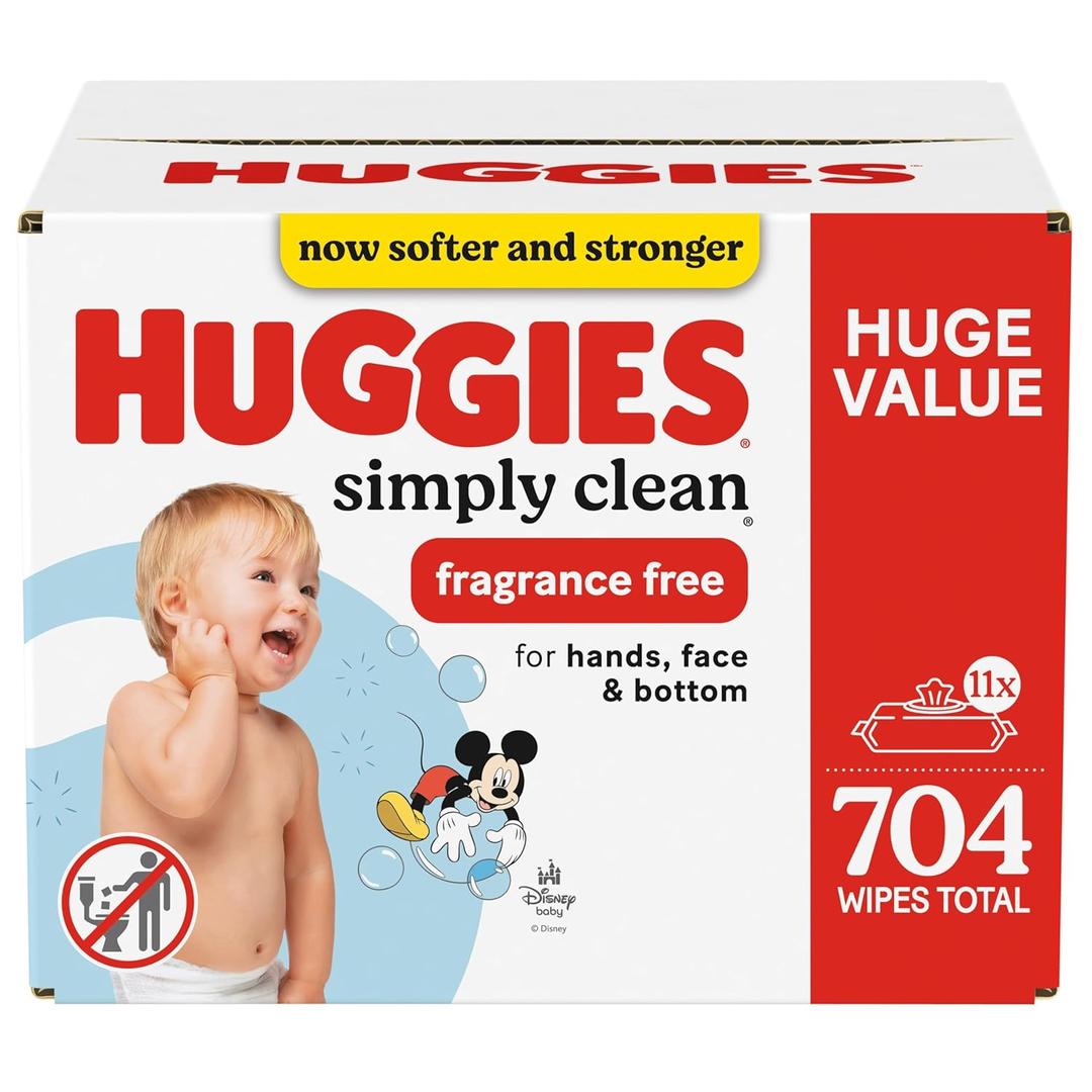 Huggies Simply Clean Unscented Baby Diaper Wipes, 11 Flip-Top Packs (704 Wipes Total), Packaging May Vary (64 Count (Pack of 11))