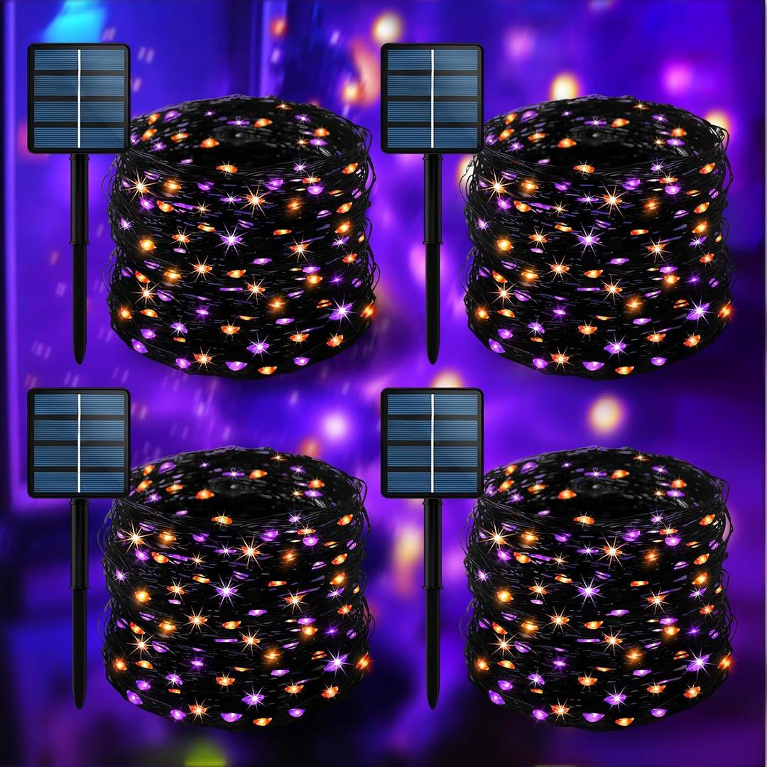 4-Pack 400LED Solar Halloween LightsOrange& Purple String LightsSolar Fairy Lights with 8 Modes Halloween Lights Outdoor Waterproof for Bedroom Patio Garden Party Yard Decoration