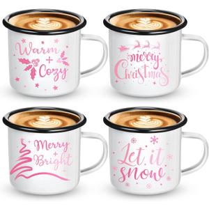 Yaomiao 4 Pack Christmas Gifts Enamel Mugs Warm and Cozy Enamel Tea Cups 12 Ounce Merry and Bright Coffee Mugs Seasonal Holiday Vintage Camping Cup for Women Coworkers (Pink,Bright Style)