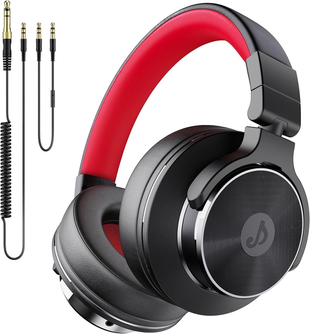 Wired Over Ear Headphones, Studio Monitor & Mixing DJ Headphones with 50mm Neodymium Drivers and 1/4 to 3.5mm Jack for Guitar Podcast AMP Piano Keyboard (Black-Red)