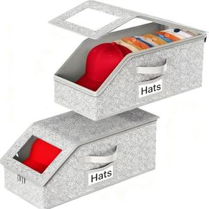 Hat Storage Box Organizer, 2-Pack, Stackable with Clear Windows, Holds 30 Baseball Caps, Grey