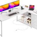 PRAISUN 61" L Shaped Desk with Power Outlets and USB-C Port, Reversible Computer Corner Office Desk with 4 Fabric Drawers and 2 Height-Adjustable Shelves, Large for Gaming Writing Work Study, White