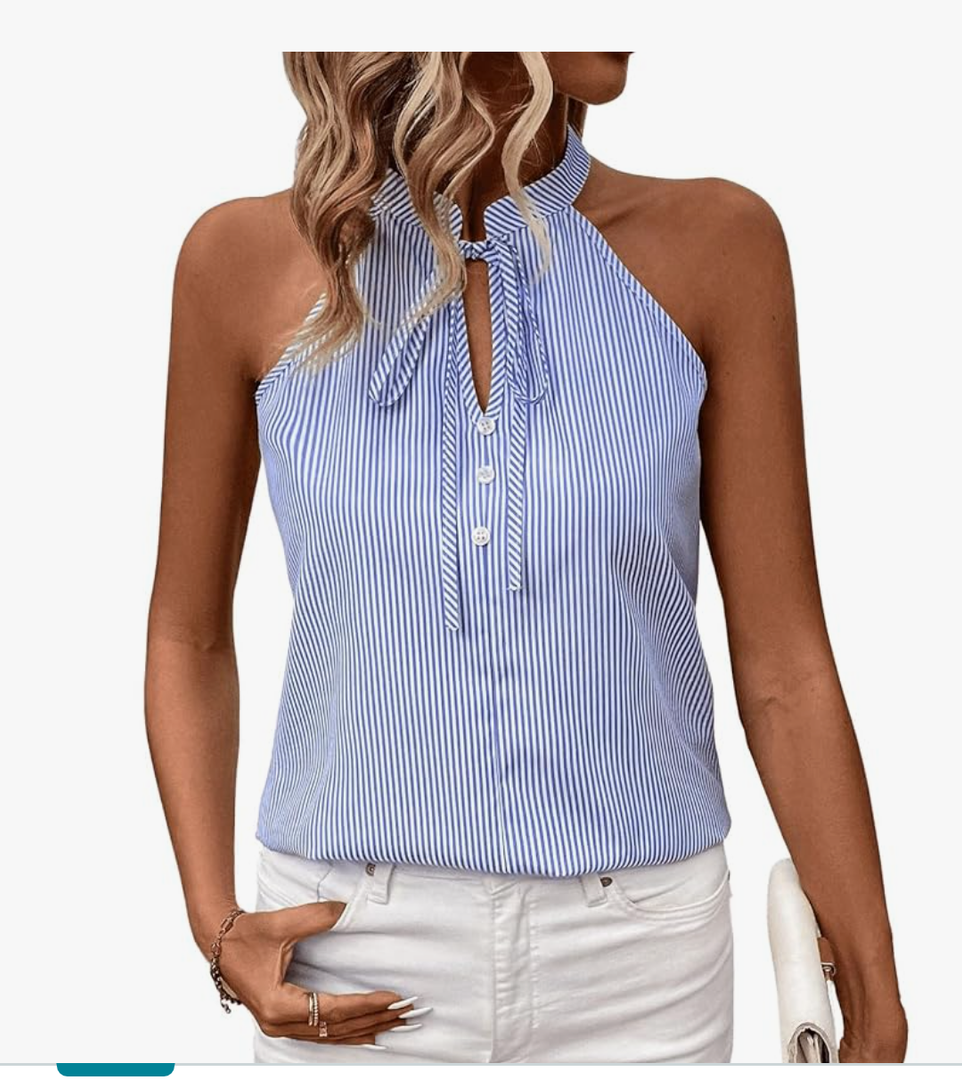 SweatyRocks Women's Tie Neck Button Front Sleeveless Striped Halter Blouse Shirts Top, Size -XL