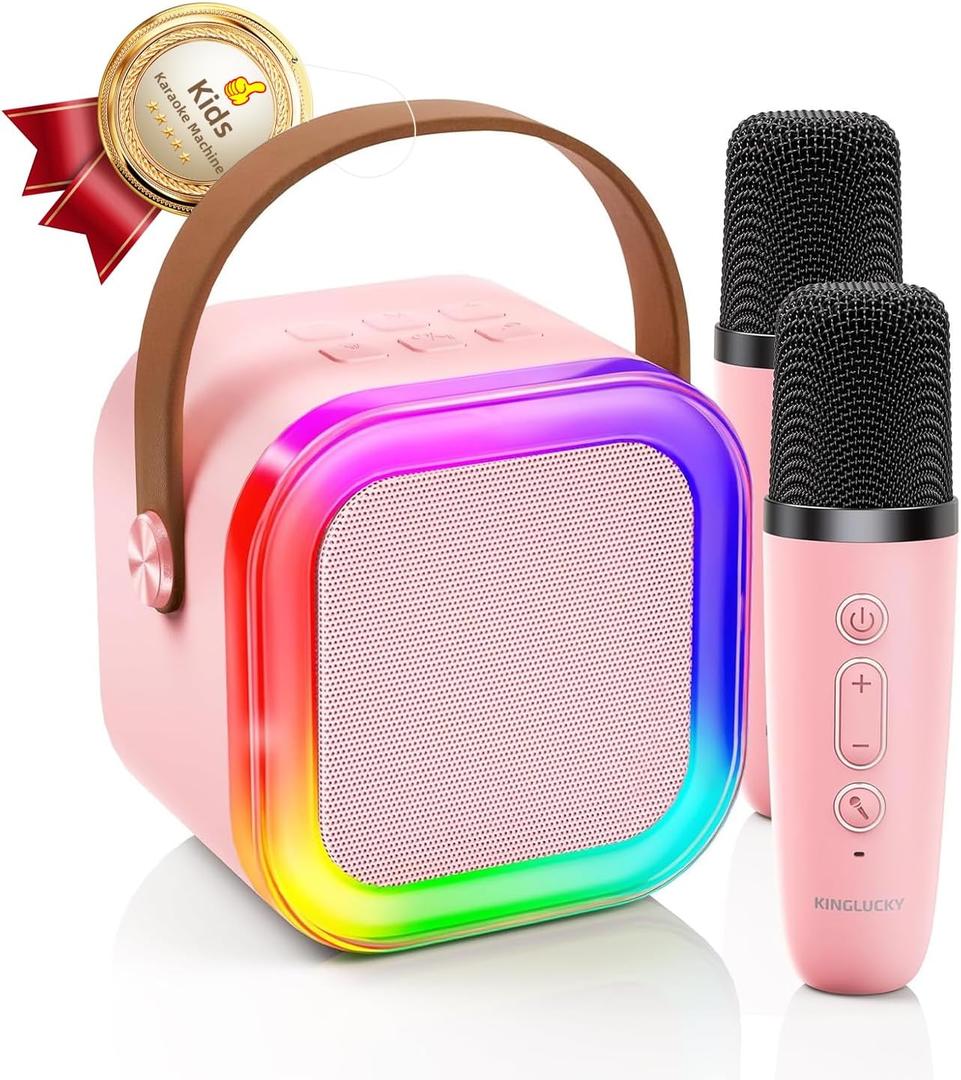 Kinglucky Mini Karaoke Machine for Kids, Top Birthday Gift Pick for Girls Ages 3, 4, 5, 6, 7, 8, 9, 10, 11, 12 Years Old, Kids' Personal Video Players Accessories with 2 Mics Valentines Day Gifts, Pink