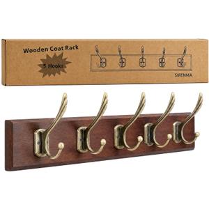 Wall Mounted Coat Rack with Solid Wood, 5 Bronze Metal Hooks – 19.6 Inch Rustic Brown Entryway Organizer for Hanging Coats, Hats, Jackets, Scarves, Bags, for Hallway, Bedroom, Bathroom（5Hooks）