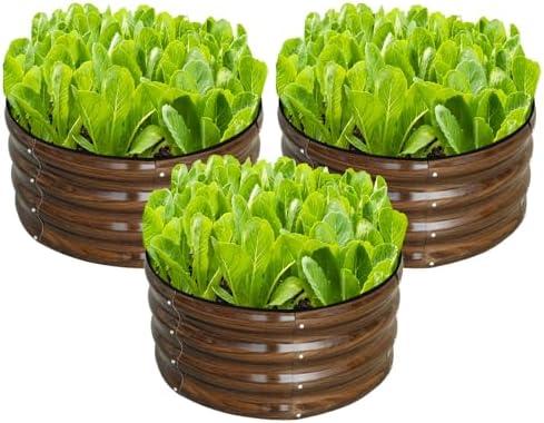 SnugNiture 3 Pcs 2x2x1ft Round Galvanized Raised Garden Bed Kit Outdoor, Metal Planter Box for Planting Plants Vegetables, Brown