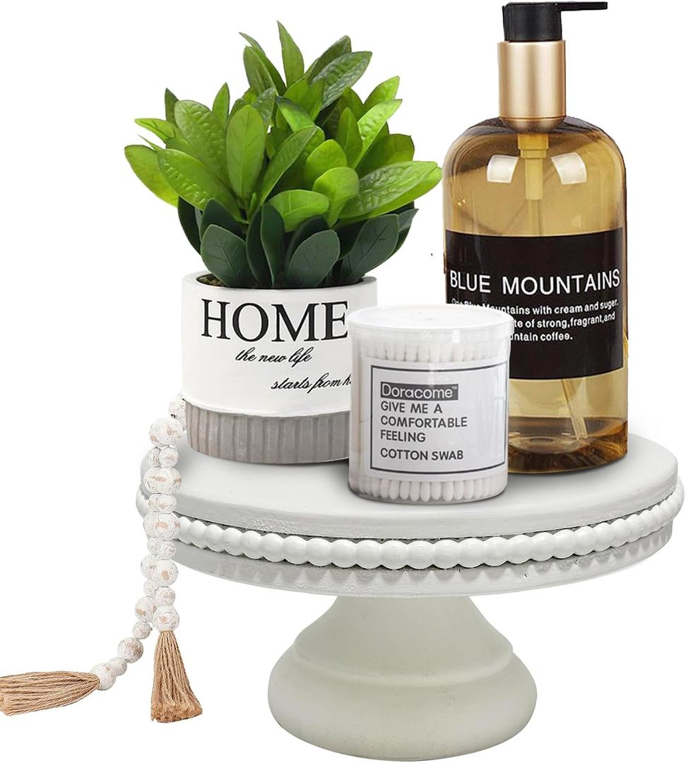 dwellington White Wash Display Wood Riser, 8.25inch Shabby Chic Pedestal Tray Decor with Beads, Farmhouse Display Stands for Coffee Bar, Bathroom, Kitchen Island (White)