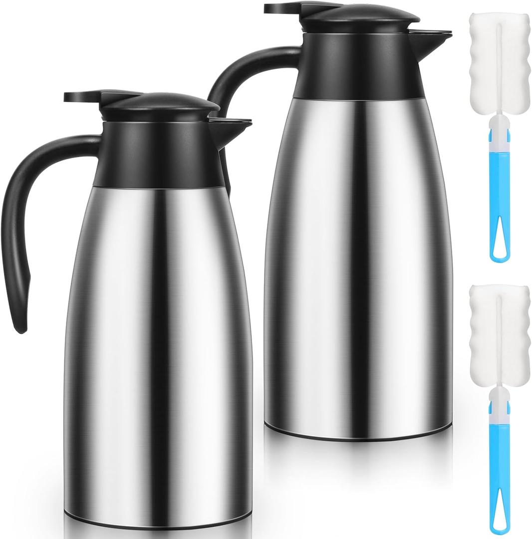 Essenya 2 PCS 68 OZ Thermal Coffee Carafe, Insulated Stainless Steel Coffee Carafe Double Walled Vacuum Thermal Pot Flask with Brushes for Keeping Hot Coffee Tea Home and Office (Silver)
