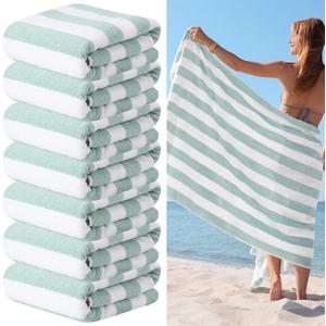 EBOOT 7 Pieces 100% Cotton Pool Beach Towels 30 x 70 Inch Cabana Stripe Oversized Basics Turkish Pool Bath for Hotel Swimming Bathroom(Mint Green)