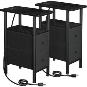 LOAKEKEL Narrow Nightstand with Charging Station, End Tables Living Room Set of 2, Skinny Side Table with Fabric Drawers, Slim Sofa Table for Bedroom, Small Spaces, Couch, Black