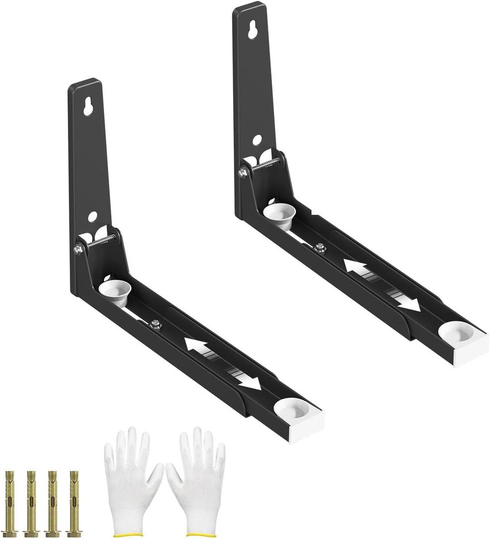EsLuker.ly Universal Stainless Steel Microwave Oven Wall Mount Bracket, Arm Adjustable Foldable Kitchen Stretch Oven Stand Shelf Rack Load 55 lb, Black