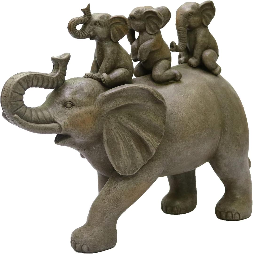 Nature's Mark 8" H 3 Baby Elephants Riding an Elephant Resin Statue Figurine Home Decorative Accent Decor (Gray)