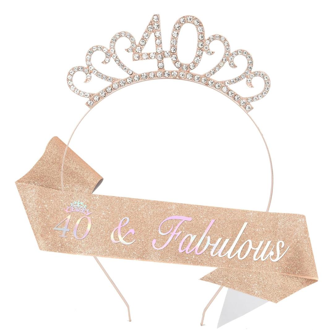 40th Birthday Sash and Headband Decorations Gifts Ideas for Her,Elegant Hair Tiara Accessories Birthday Gifts for 40 Year Old Women