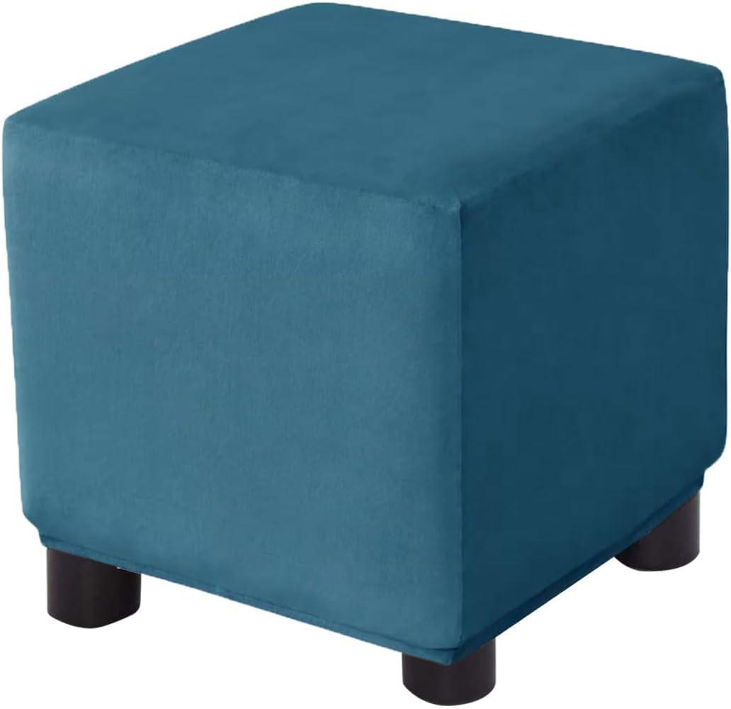 Ottoman Cover Square Velvet Storage Ottoman Slipcovers Thick Stretch Footrest Foot Stool Covers Protector with Elastic Band(Small-Blue)