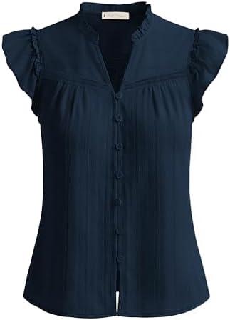Belle Poque Women's Ruffle Sleeve Cotton Shirts V Neck Button Down Lace Crochet Blouses Spring Summer Dressy Casual Tops 2026, small