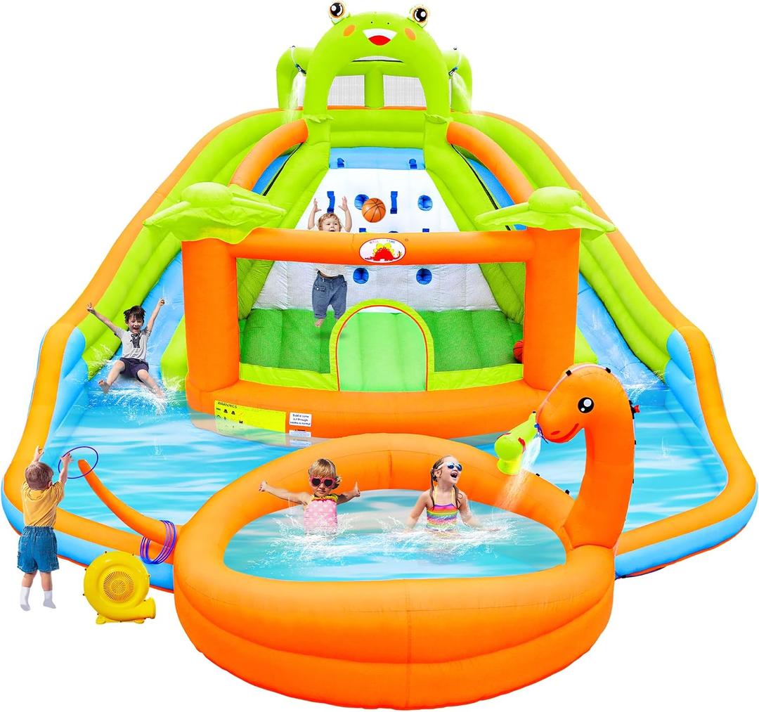WELLFUNTIME Inflatable Water Double Slides Park with Blower, Bouncy Castle with Water Cannon, Dino Pool, Frog Castle, Climbing Wall, Basketball Hoop, Backyard Water Park for Kids