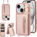 Crossbody Wallet Case for iPhone 14 Plus/15 Plus with Lanyard Strap Card Slot Holder RFID Blocking,Magnetic Flip Folio Zipper Purse Case, PU Leather Cover Handbag,Rose Gold